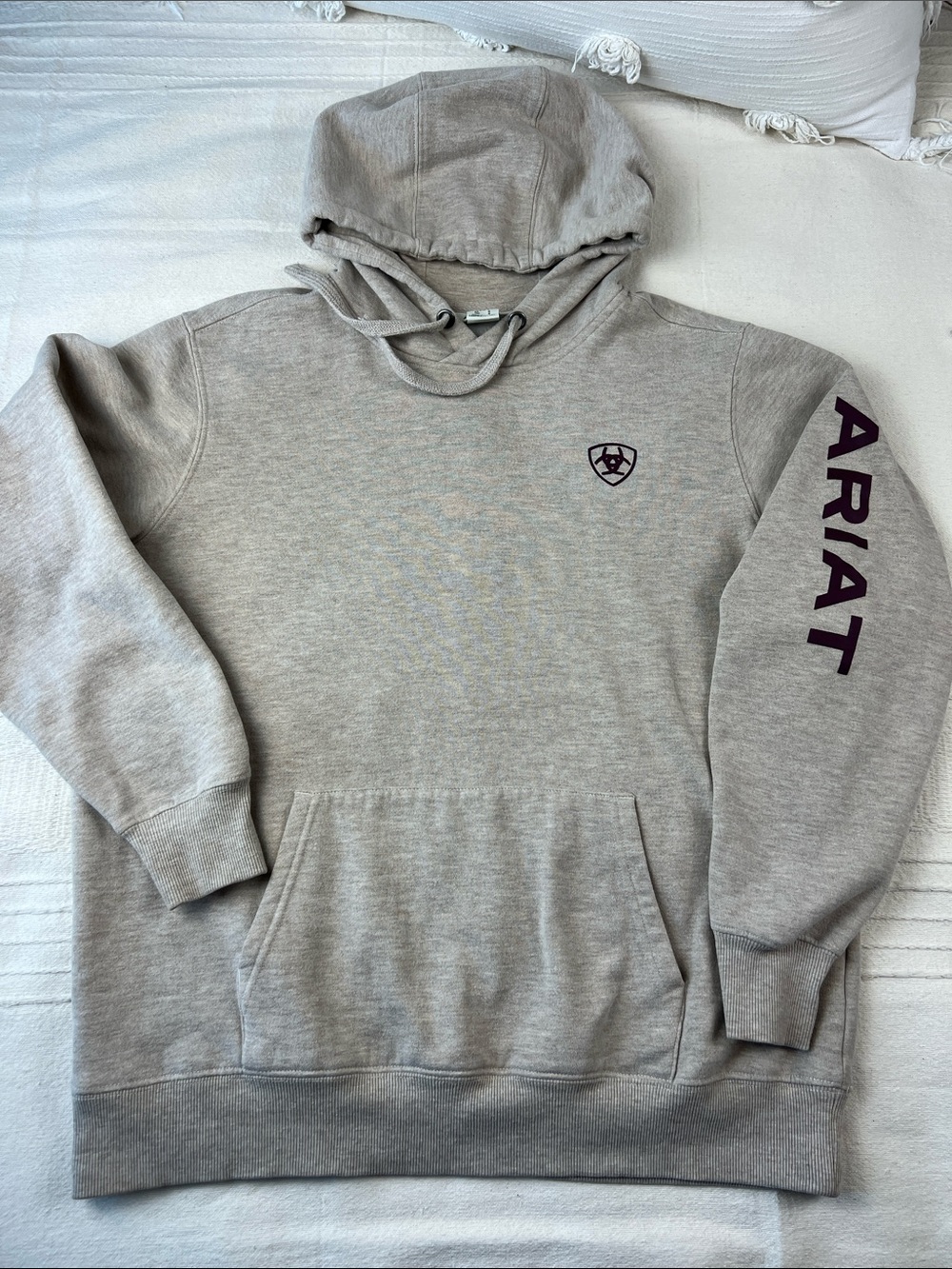 Ariat Women's Logo Hoodie in Oatmeal Heather/Purple - Picture 2 of 12